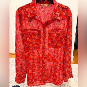 Wrangler Chiffon Vibrant Paisley Western Style Red Blouse & Blue/Gray Accents-XL